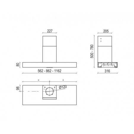 Ner.plieno spalvos T formos prie sienos montuojamas gartraukis Baraldi Integra Inside 56cm 380m3/h 3