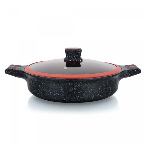 Herzberg HG-RSSLW28: Granite-Coated Shallow Casserole with Glass Lid - 28cm